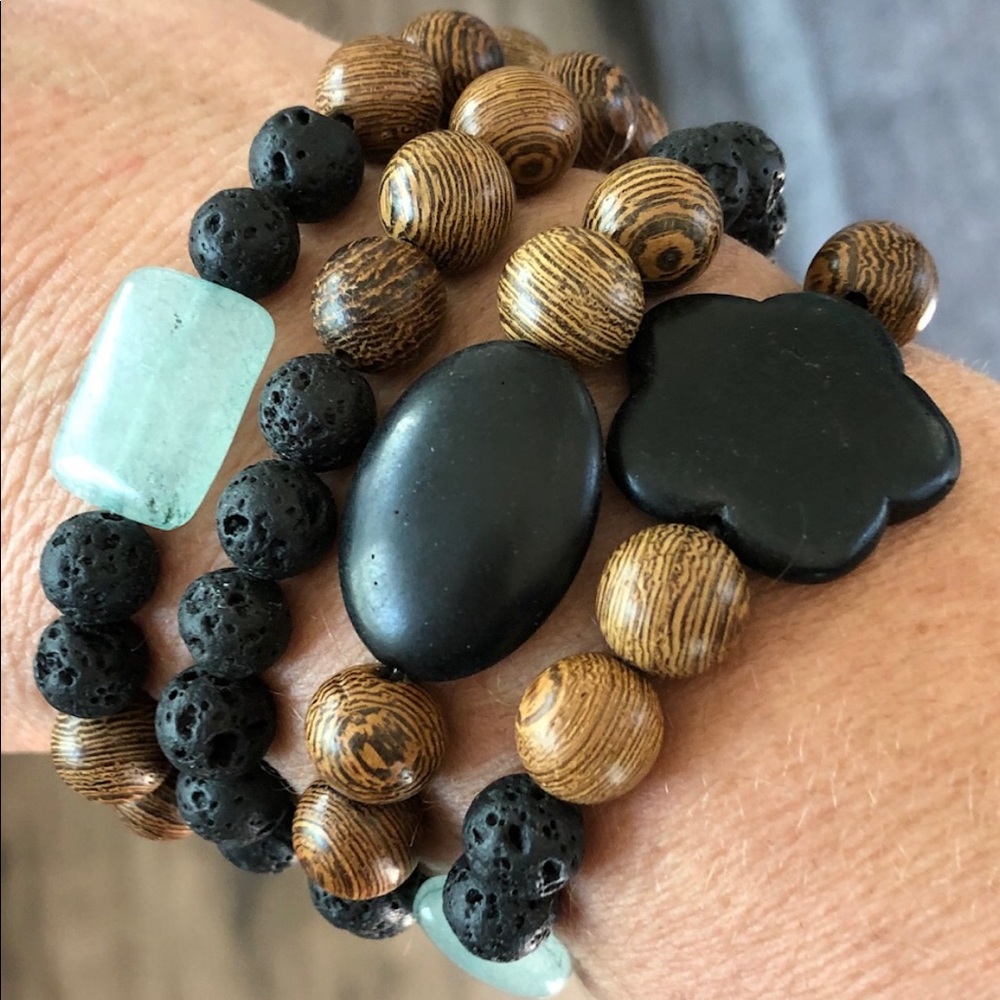 Wood-Lava-Seaglass Stretch Bracelet
